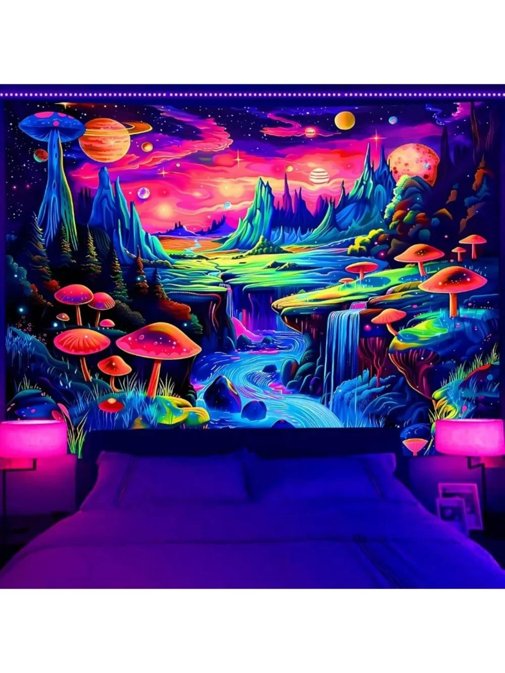 Colorful Galaxy Tapestry, UV Reactive Mushroom & Waterfall Wall Art, Aesthetic